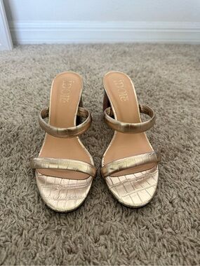 Gold Strappy Slide Heels - Metallic Croc Texture Size 6